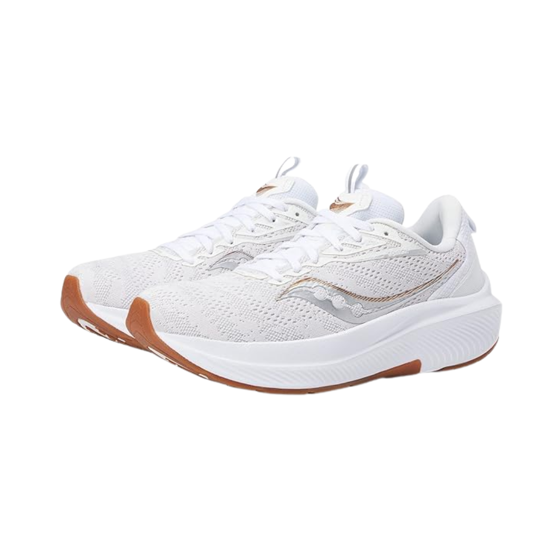 Angled view of Men’s Saucony Echelon 9 in White/Gum – featuring a clean white upper, supportive neutral cushioning, wide platform, and stylish gum outsole built for everyday comfort, walking, or neutral running support.