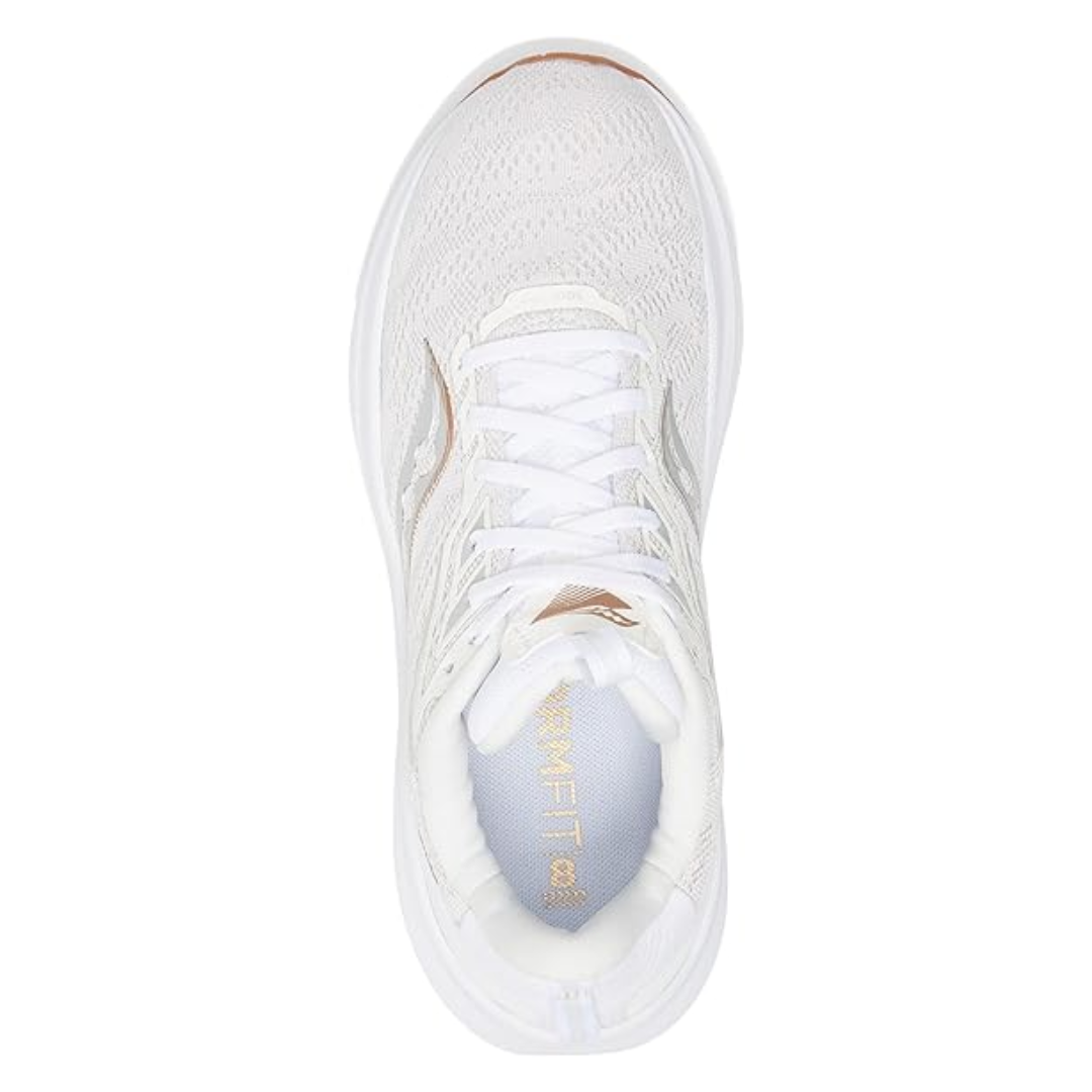 Top view of Men’s Saucony Echelon 9 in White/Gum – featuring a padded tongue and collar, white mesh upper with subtle detailing, traditional lace-up system, and a spacious interior designed to accommodate orthotics or wider feet.