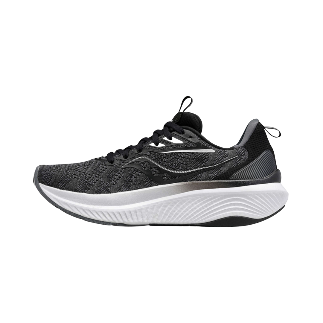 Side View of Men’s Saucony Echelon 9 Running Shoe in Black/White – Features include PWRRUN cushioning for soft, stable support, wide and balanced platform for orthotic-friendly wear, and engineered mesh upper for breathable comfort.