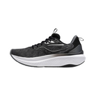 Side View of Men’s Saucony Echelon 9 Running Shoe in Black/White – Features include PWRRUN cushioning for soft, stable support, wide and balanced platform for orthotic-friendly wear, and engineered mesh upper for breathable comfort.