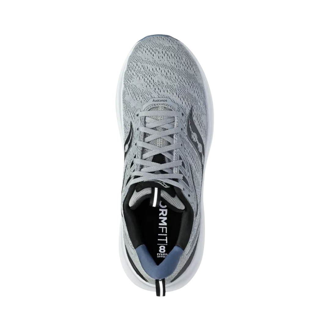 Top View of Men’s Saucony Echelon 9 Running Shoe in Fossil/Murk – Features include PWRRUN cushioning for soft and stable support, wide and accommodating base for neutral runners or orthotic users, and engineered mesh upper for breathable comfort.