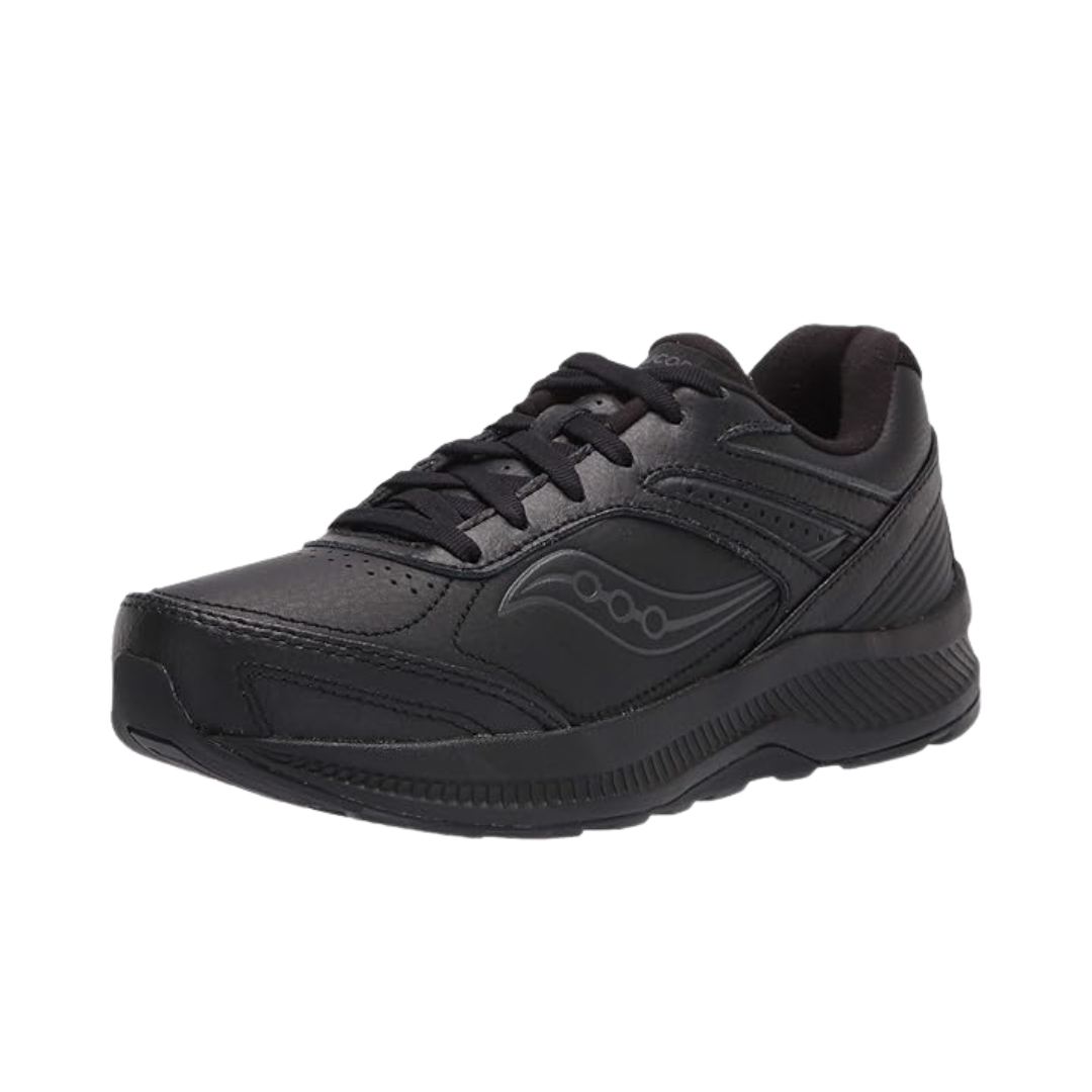 Angled view of Saucony Echelon Walker 3 in black – featuring a supportive leather upper, responsive PWRRUN midsole, orthotic-friendly design, and slip-resistant outsole built for comfort and control on long walks or all-day wear.