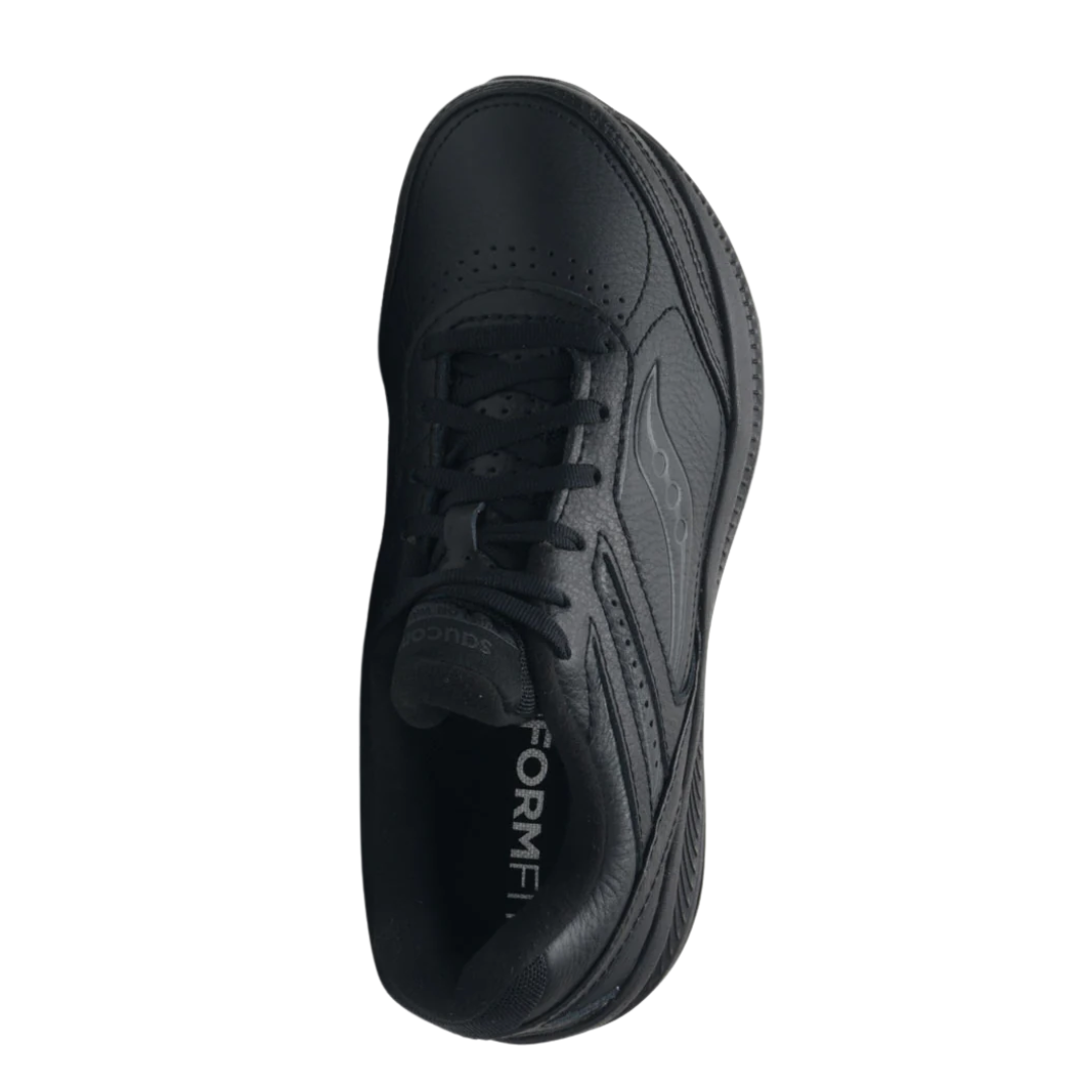 Top view of Men’s Saucony Echelon Walker 3 in Black – featuring a padded tongue and collar, smooth black leather construction, traditional lace-up closure, and spacious fit designed to accommodate custom orthotics and wide feet.