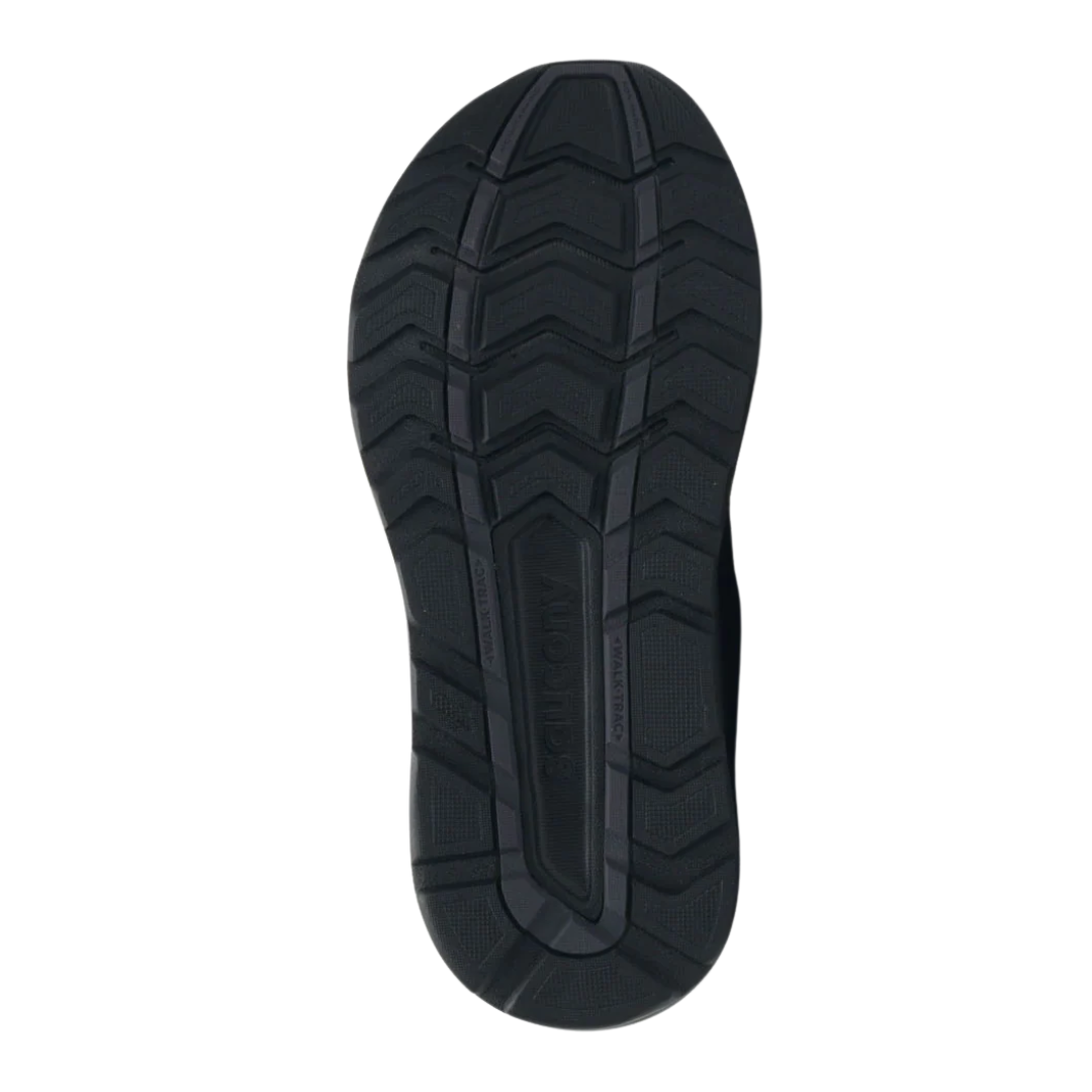 Bottom view of Men’s Saucony Echelon Walker 3 in Black – featuring a non-slip rubber outsole with WALKTRAC forefoot design, segmented tread for flexibility, and grippy lugs for reliable traction on various walking surfaces.