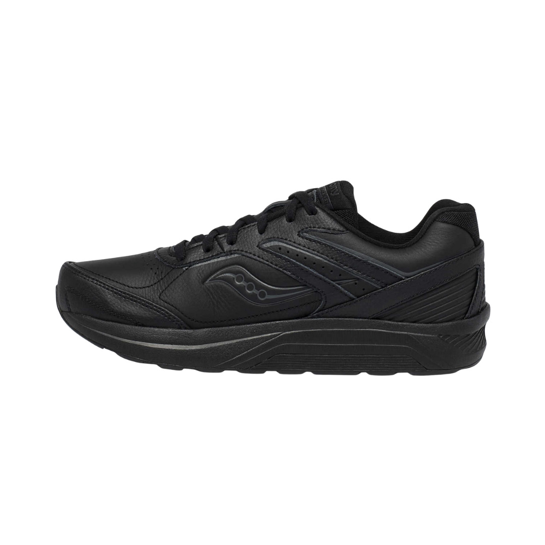 Side View of Men’s Saucony Echelon Walker 3 Walking Shoe in Black – Features include PWRRUN cushioning for long-lasting comfort, full-grain leather upper for durability, and a wide, stable base for balanced support.