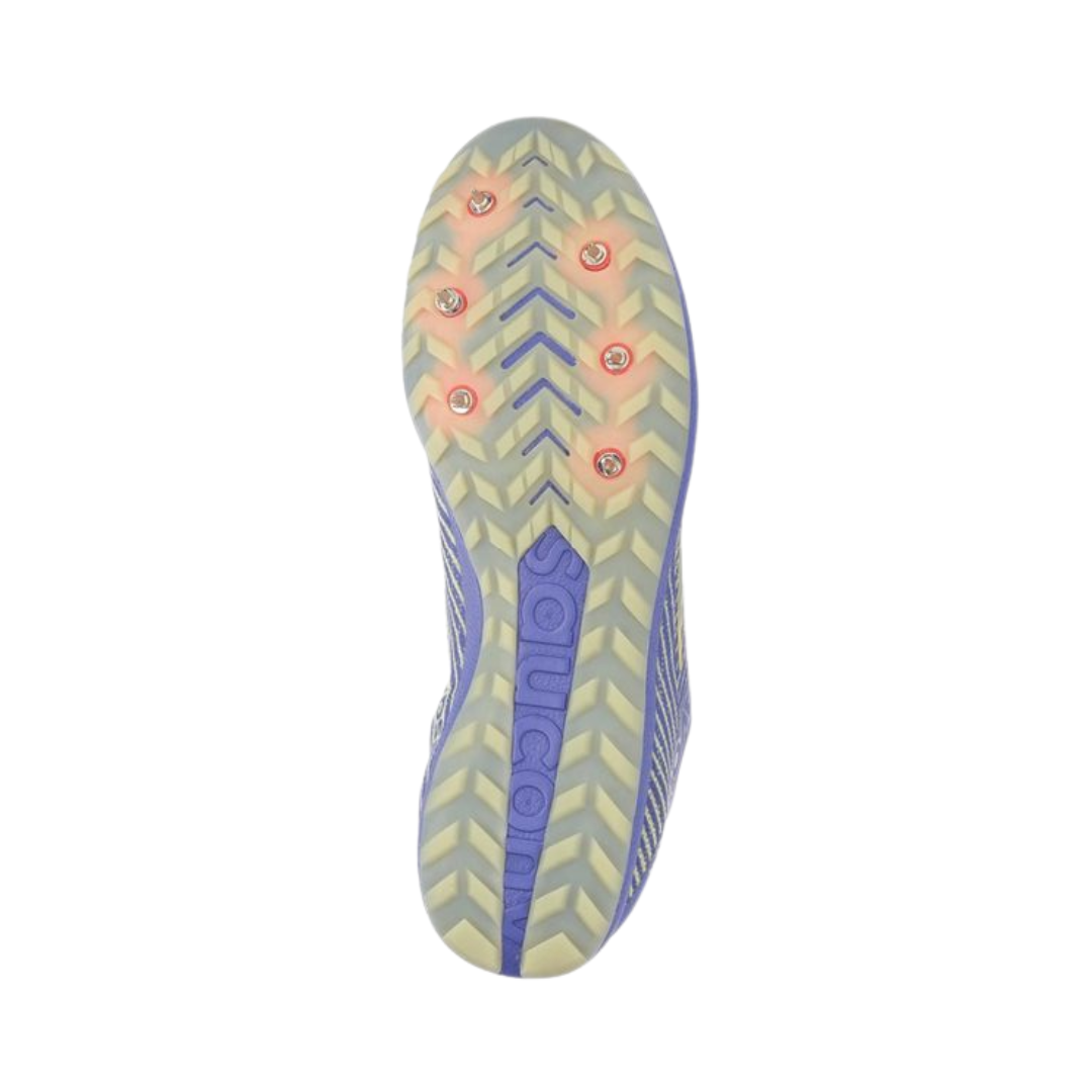 Bottom View of Women’s Saucony Havok XC2 Flat Racing Shoe in Purple/Yellow – Features include aggressive rubber outsole for superior traction, lug pattern for grip on varied terrain, and lightweight plate for responsiveness.