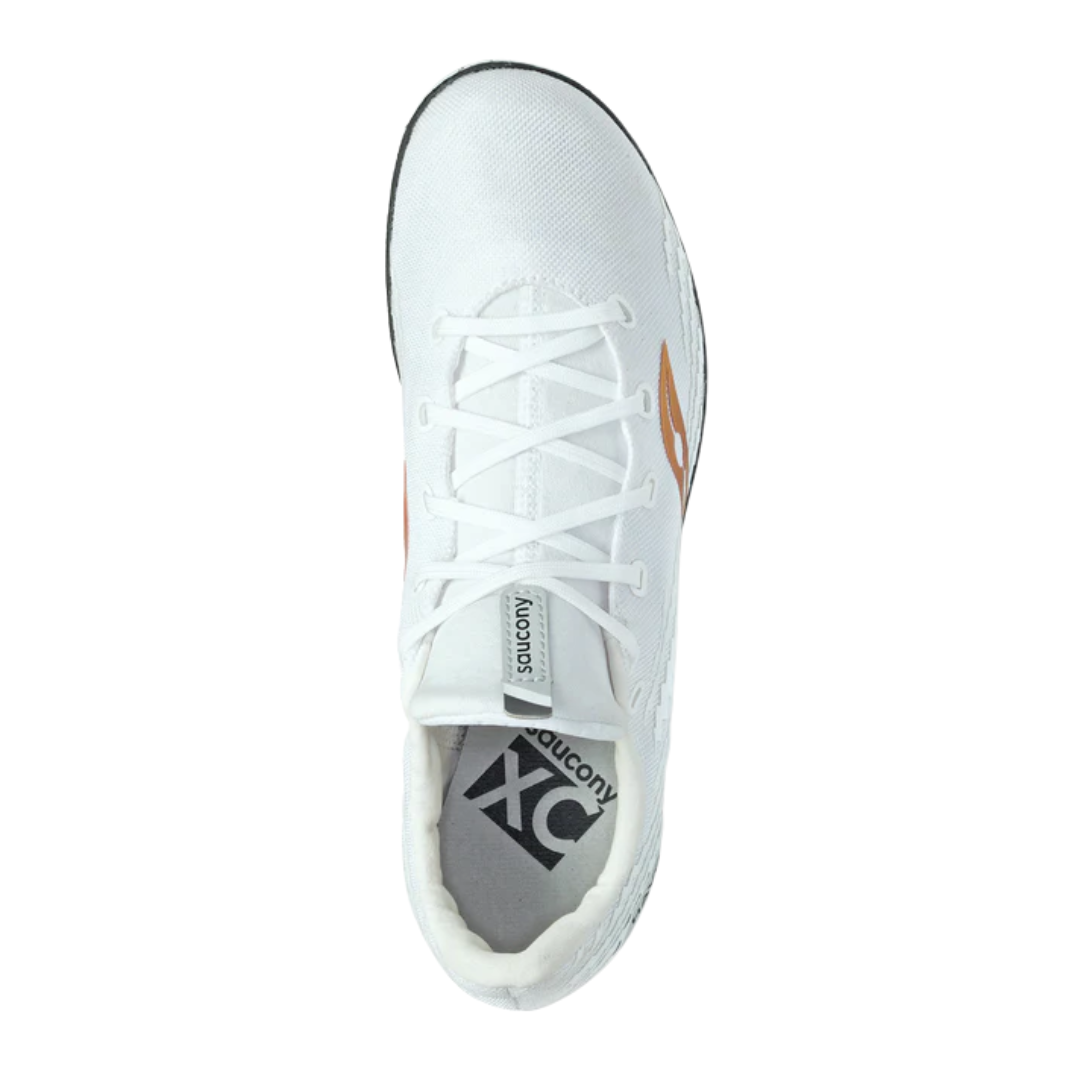 Top view of Women’s Saucony Havok XC3 Spikes in white – featuring an airy, seamless upper for reduced weight, snug lace-up system, and contoured fit that hugs the foot for stability at high speeds.