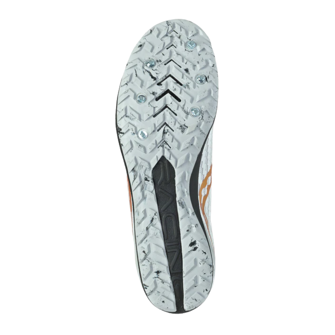 Bottom view of Women’s Saucony Havok XC3 Spikes in white – featuring a durable 6-pin spike plate, textured rubber outsole for grip on grass and dirt, and lightweight flex grooves to support natural foot motion.