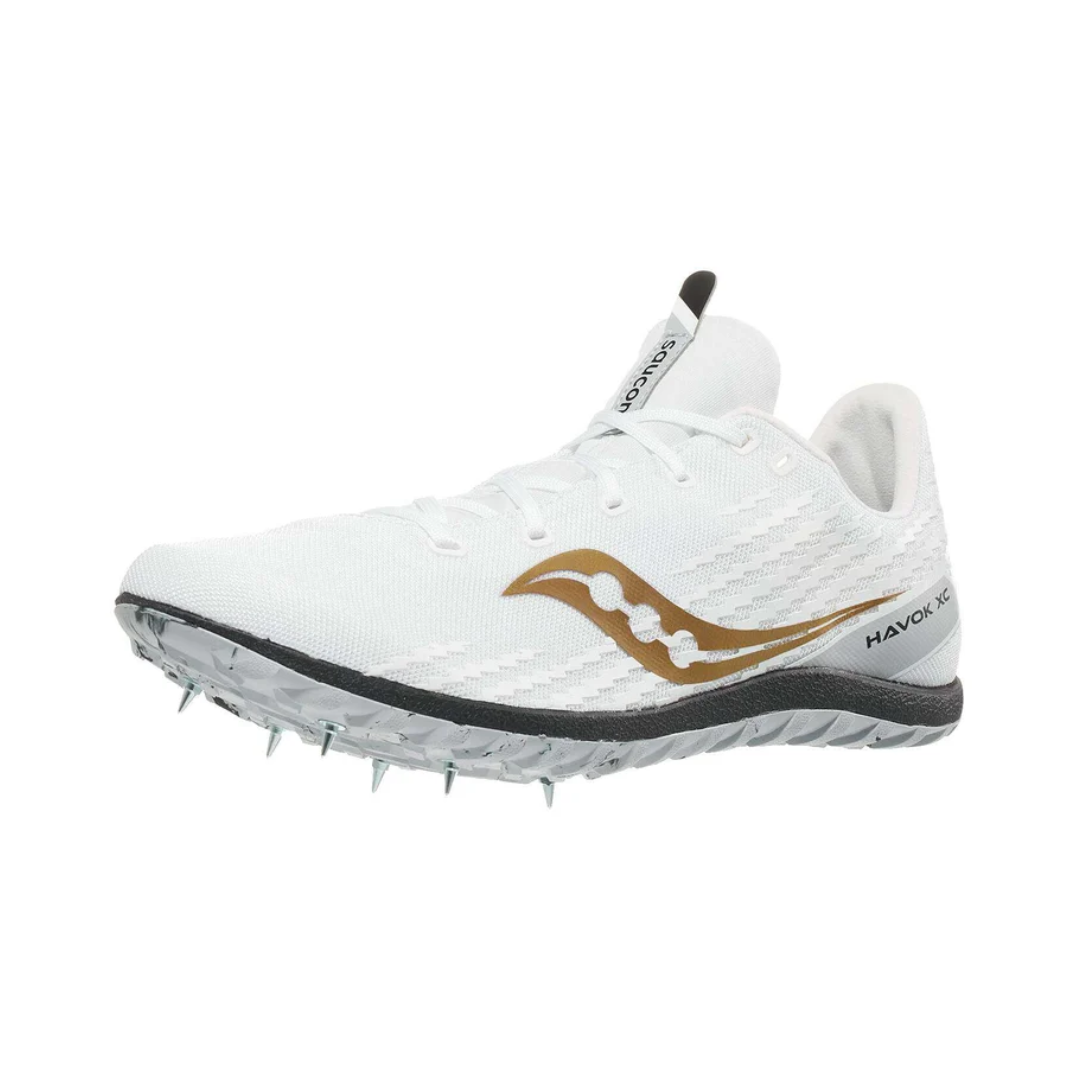 Angled view of Men’s Saucony Havok XC3 Spikes in White – featuring a lightweight and breathable mesh upper, structured support frame, high-traction 6-pin spike plate, and a sleek silhouette optimized for cross-country racing performance.