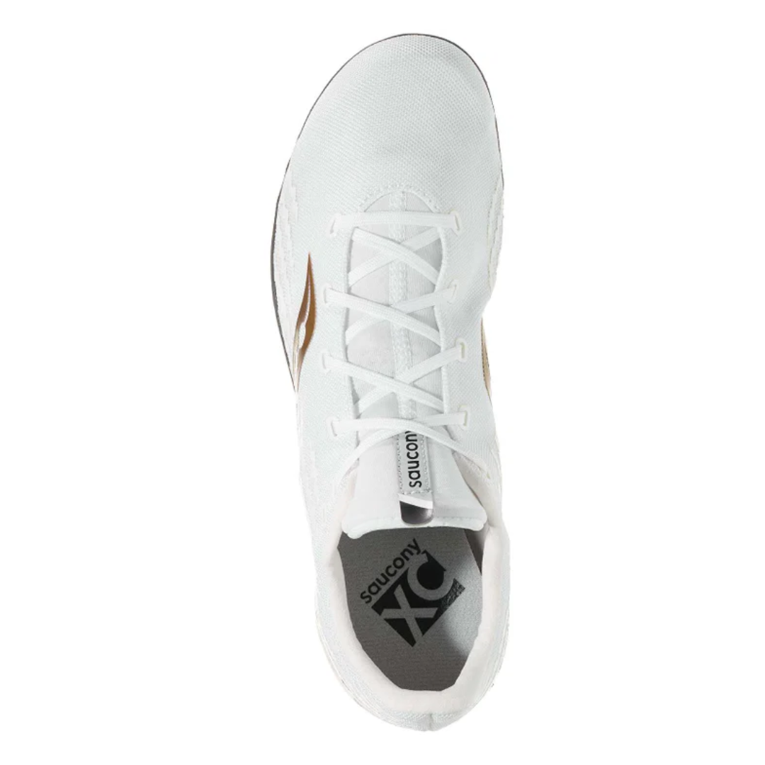 Top view of Men’s Saucony Havok XC3 Spikes in White – featuring a streamlined white upper with internal support structure, lightly padded tongue, and traditional lace-up closure for a snug racing fit.