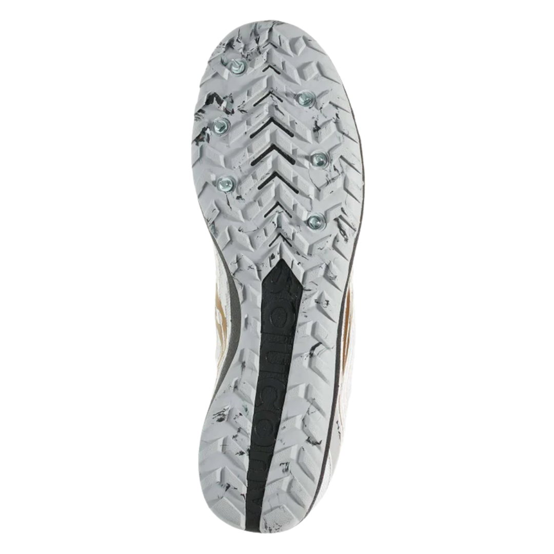 Back view of Men’s Saucony Havok XC3 Spikes in White – featuring a slim-profile heel collar, external heel structure for added stability, and clean all-white styling for a minimalist, race-focused design.
