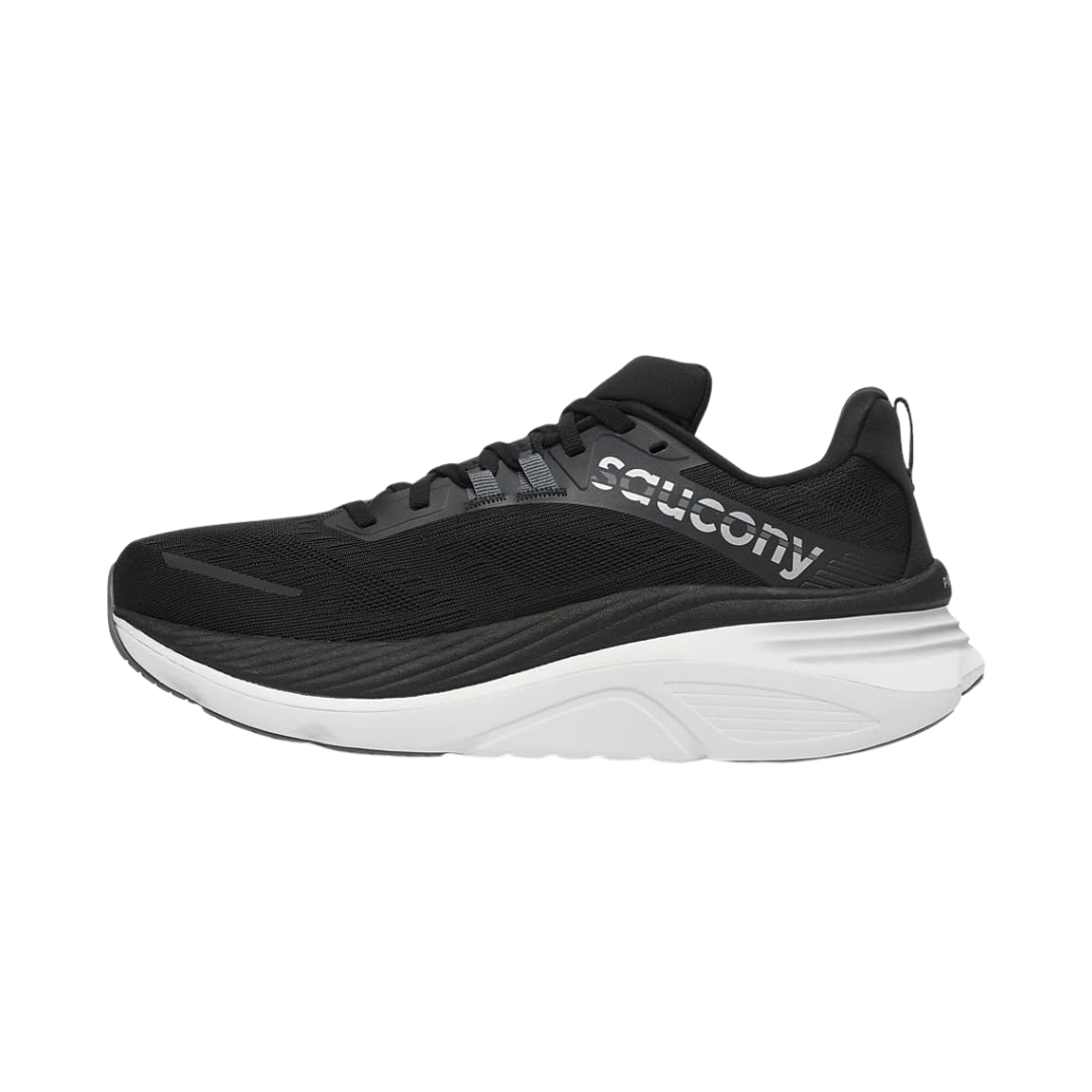 Side view of Men’s Saucony Hurricane 24 in Black/Carbon – featuring a lightweight black mesh upper, PWRRUN+ cushioning for plush responsiveness, HOLLOW-TECH stability system for medial support, and a subtle carbon grey midsole for a smooth, modern aesthetic.