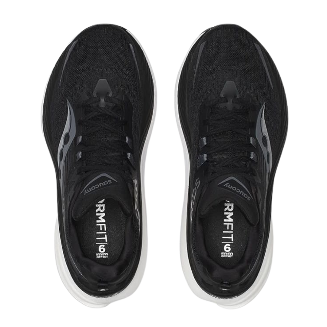 Top view of Men’s Saucony Hurricane 24 in Black/Carbon – featuring a padded tongue and collar, breathable mesh zones, traditional lace-up system, and subtle Saucony branding for a sleek, supportive fit.