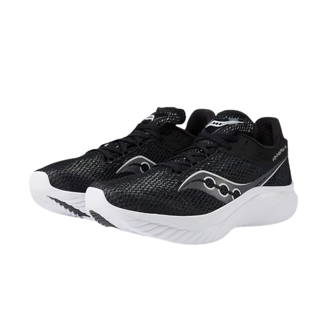 Side view of Men’s Saucony Kinvara 14 in Black/White – featuring a lightweight engineered mesh upper, PWRRUN cushioning for responsive comfort, beveled midsole geometry for smooth transitions, and a clean black and white design built for speed.