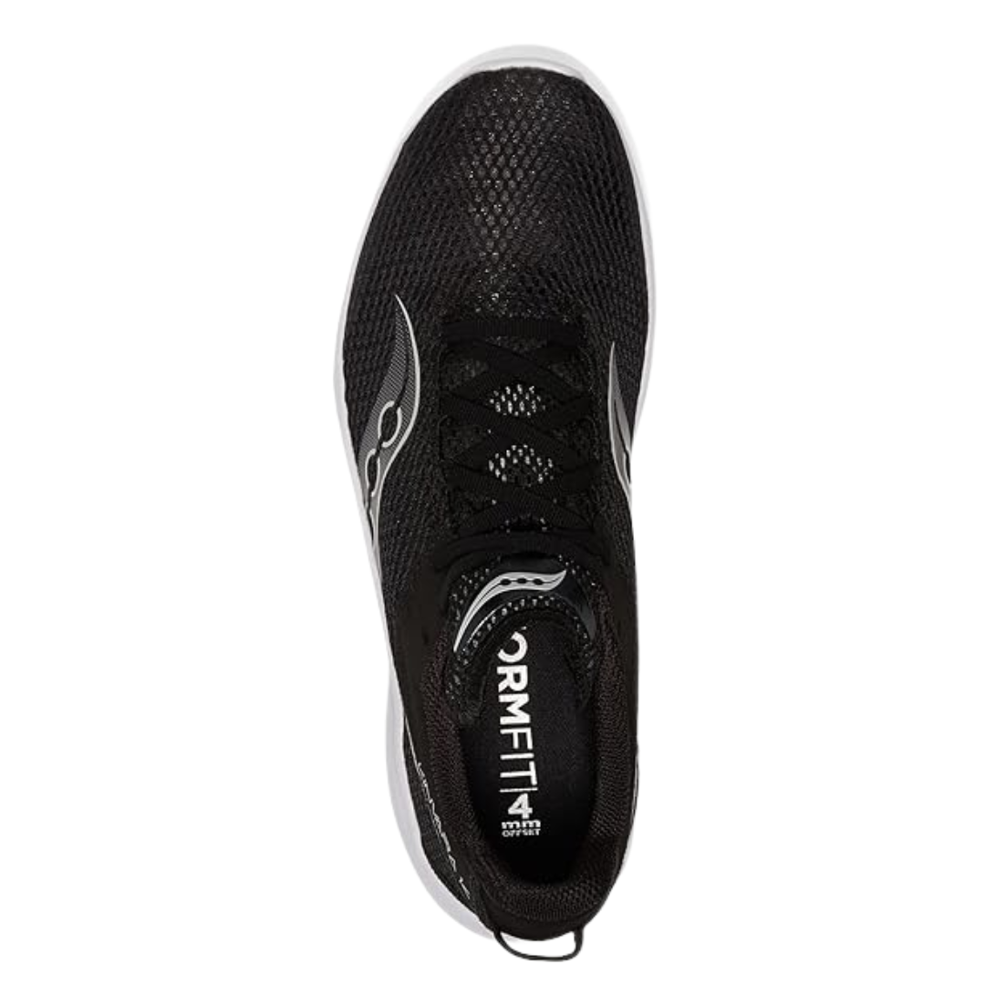 Top view of Men’s Saucony Kinvara 14 in Black/White – featuring a ventilated black upper, traditional lace-up closure, padded tongue and collar, and white Saucony logo overlays for contrast and structure.