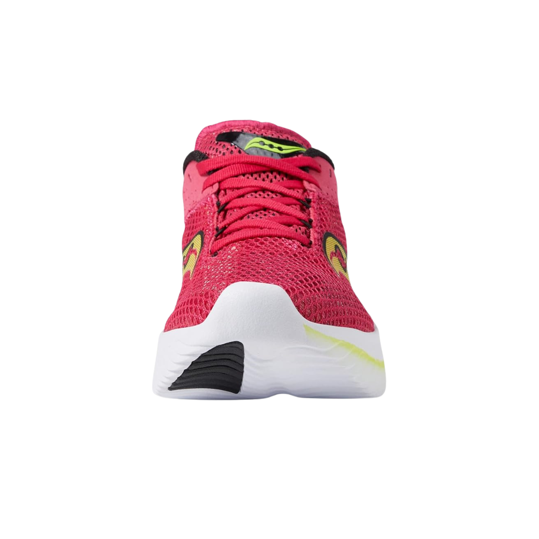 Front view of Women’s Saucony Kinvara 14 in Red Rose – featuring an airy mesh upper, padded collar and tongue, traditional lace-up system, and contoured shape for a natural, performance-focused fit.