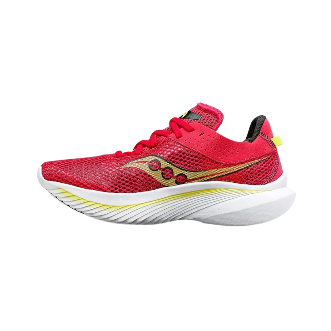 Side view of Women’s Saucony Kinvara 14 in Red Rose – featuring a lightweight engineered mesh upper, PWRRUN midsole for responsive cushioning, beveled midsole geometry for fast transitions, and streamlined design in a vivid red rose colorway.