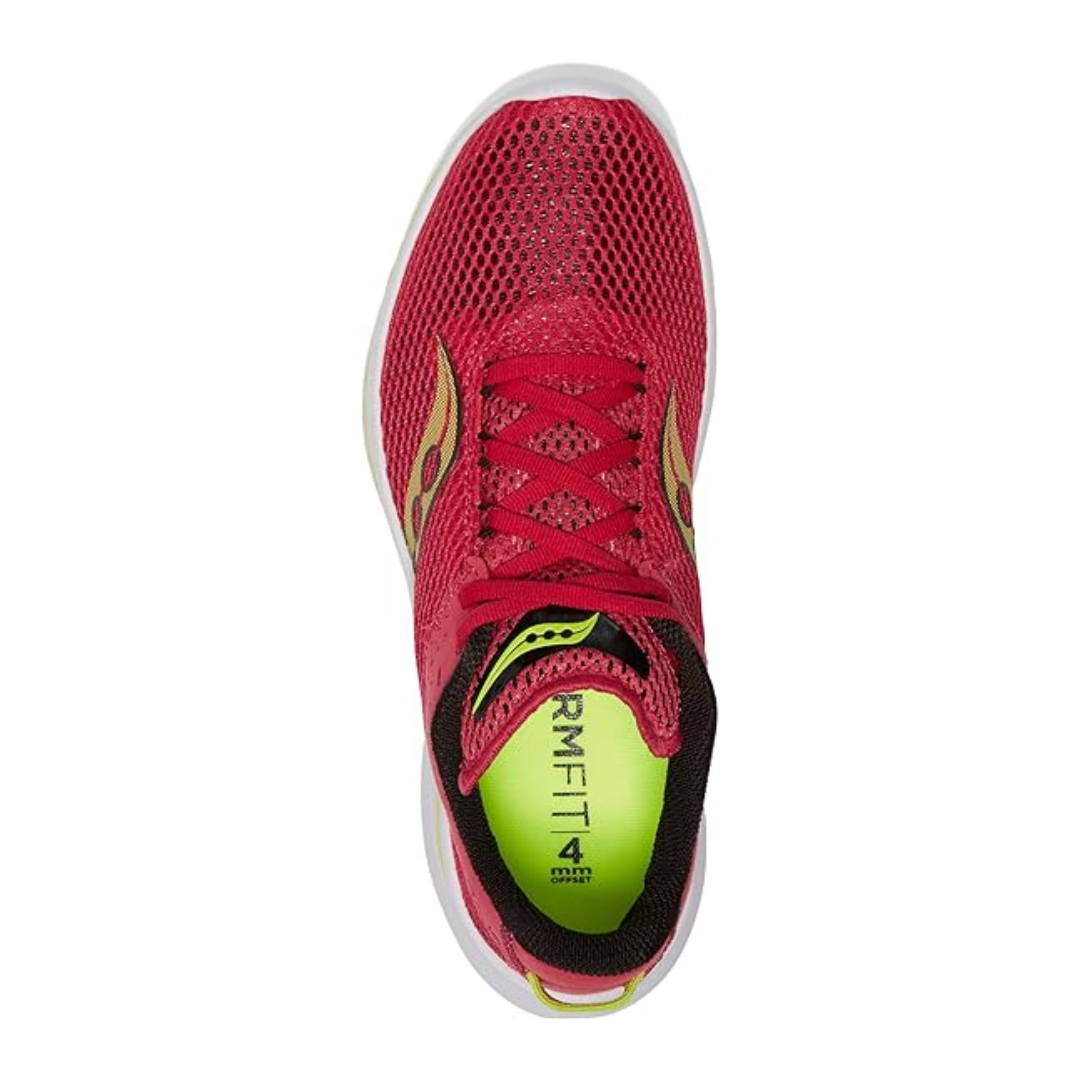 Top view of Women’s Saucony Kinvara 14 in Red Rose – featuring an airy mesh upper, padded collar and tongue, traditional lace-up system, and contoured shape for a natural, performance-focused fit.