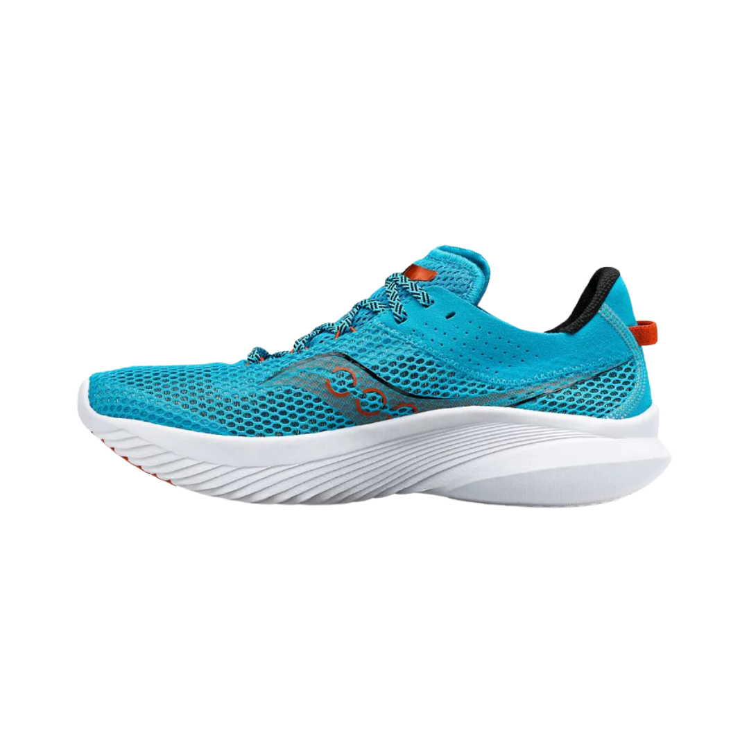 Side View of Men’s Saucony Kinvara 14 Running Shoe in Agave/Lava – Features include PWRRUN cushioning for lightweight responsiveness, streamlined upper for speed-focused performance, and beveled midsole for smooth transitions.