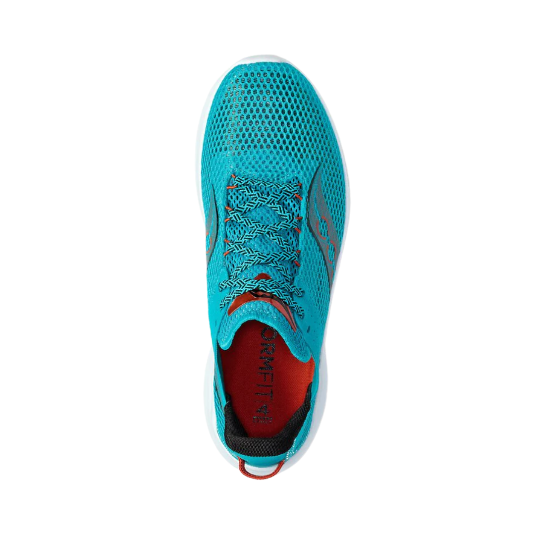 Top View of Men’s Saucony Kinvara 14 Running Shoe in Agave/Lava – Features include breathable engineered mesh upper, secure lace-up system, and lightly padded collar for comfort and fit.