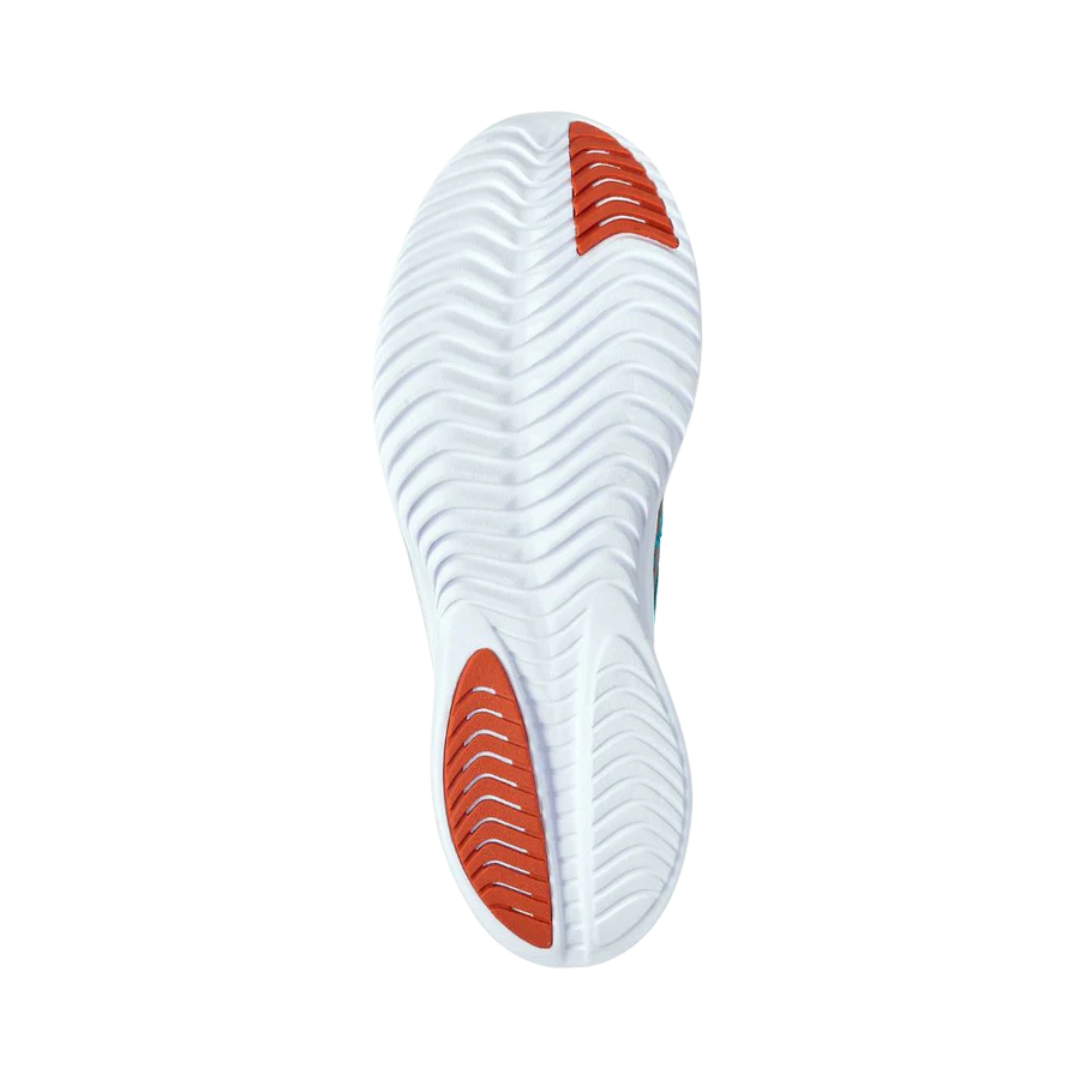 Bottom View of Men’s Saucony Kinvara 14 Running Shoe in Agave/Lava – Features include durable rubber outsole with minimal coverage for reduced weight, strategic traction zones, and flex grooves for natural movement.
