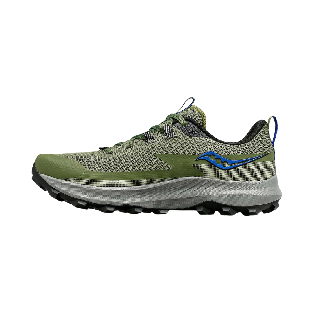 Side view of Men’s Saucony Peregrine 13 in Glade/Black – featuring a lightweight engineered mesh upper, responsive PWRRUN midsole cushioning, aggressive PWRTRAC outsole lugs, and a rugged green and black color scheme built for off-road traction and durability.