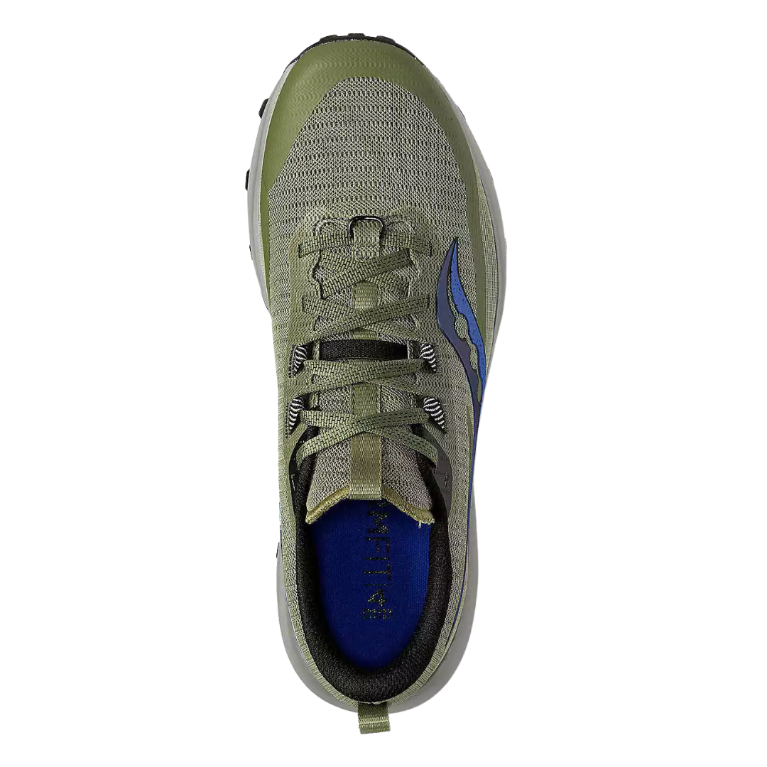 Top view of Men’s Saucony Peregrine 13 in Glade/Black – featuring a padded tongue and collar, breathable mesh upper in glade green, black lace-up design, and secure foot-hugging fit for rugged terrain.