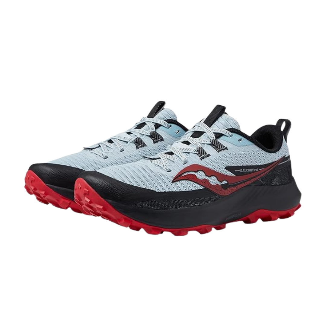 Angled view of Men's Saucony Peregrine 13 in Vapor/Poppy – featuring a ventilated vapor-colored upper, padded tongue and collar, streamlined lace system, and contrasting poppy red accents for a dynamic, trail-ready look.