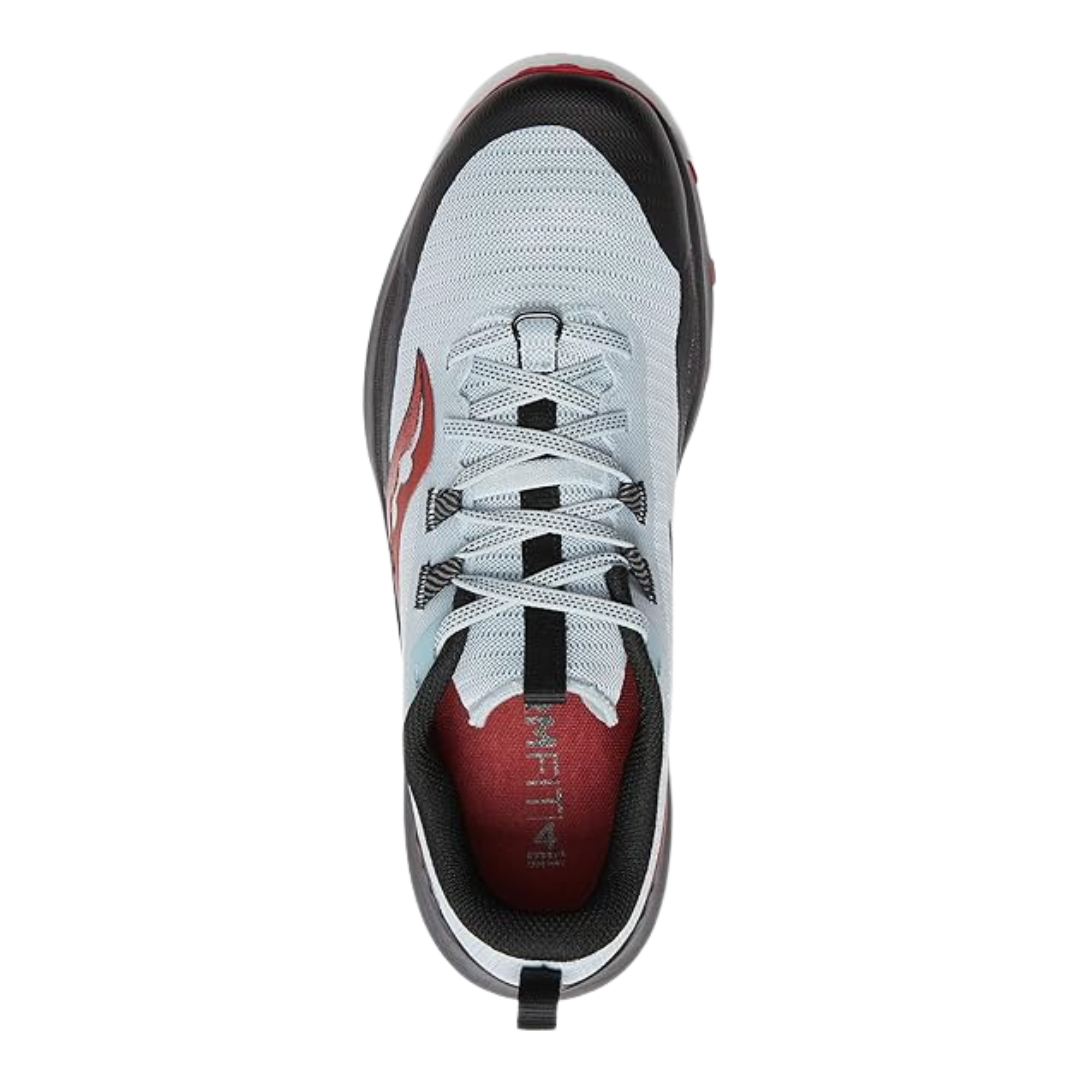 Top view of Men's Saucony Peregrine 13 in Vapor/Poppy – featuring a ventilated vapor-colored upper, padded tongue and collar, streamlined lace system, and contrasting poppy red accents for a dynamic, trail-ready look.