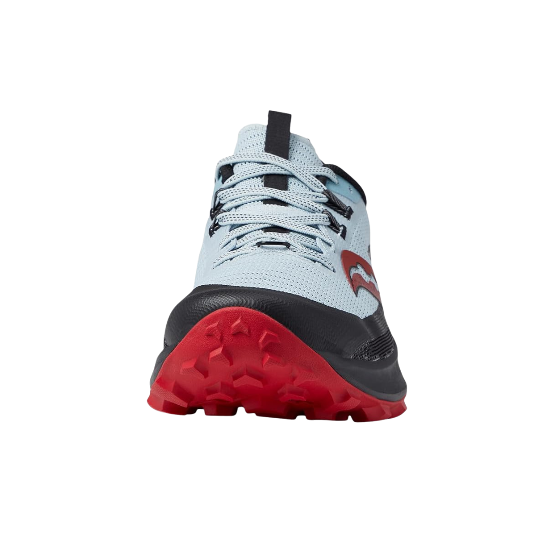 Front view of Men's Saucony Peregrine 13 in Vapor/Poppy – featuring a ventilated vapor-colored upper, padded tongue and collar, streamlined lace system, and contrasting poppy red accents for a dynamic, trail-ready look.