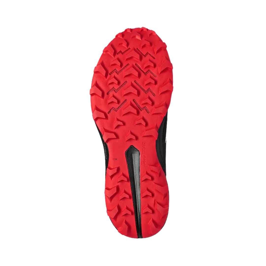 Bottom View of Men’s Saucony Peregrine 13 Trail Running Shoe in Vapor/Poppy – Features include aggressive PWRTRAC rubber outsole for superior grip, multidirectional lugs for trail traction, and flex grooves for adaptable movement.