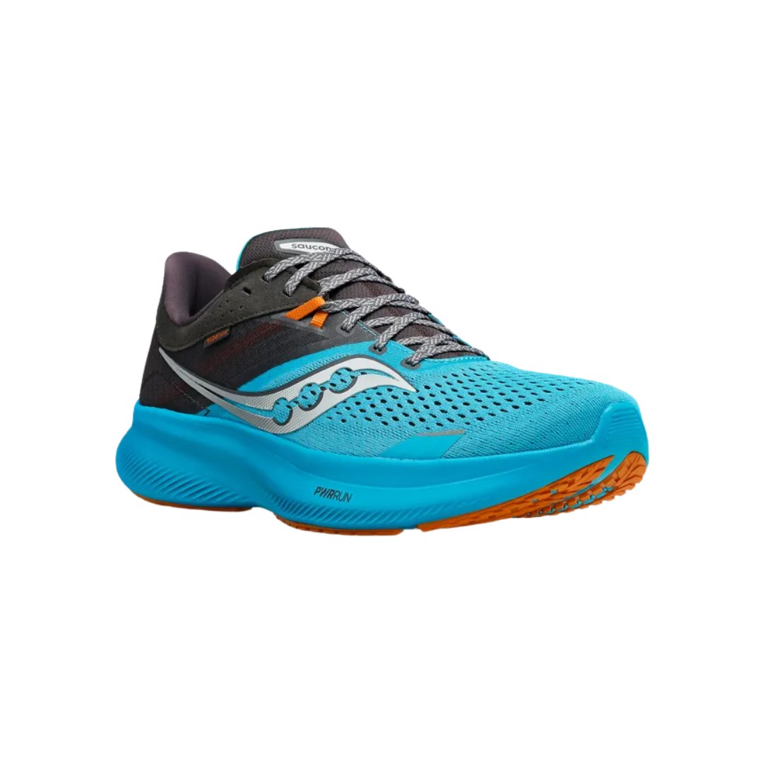Side view of Men’s Saucony Ride 16 in Agave/Basalt – featuring a lightweight engineered mesh upper, PWRRUN cushioning for balanced softness and responsiveness, a flexible midsole platform, and basalt grey accents for contrast.