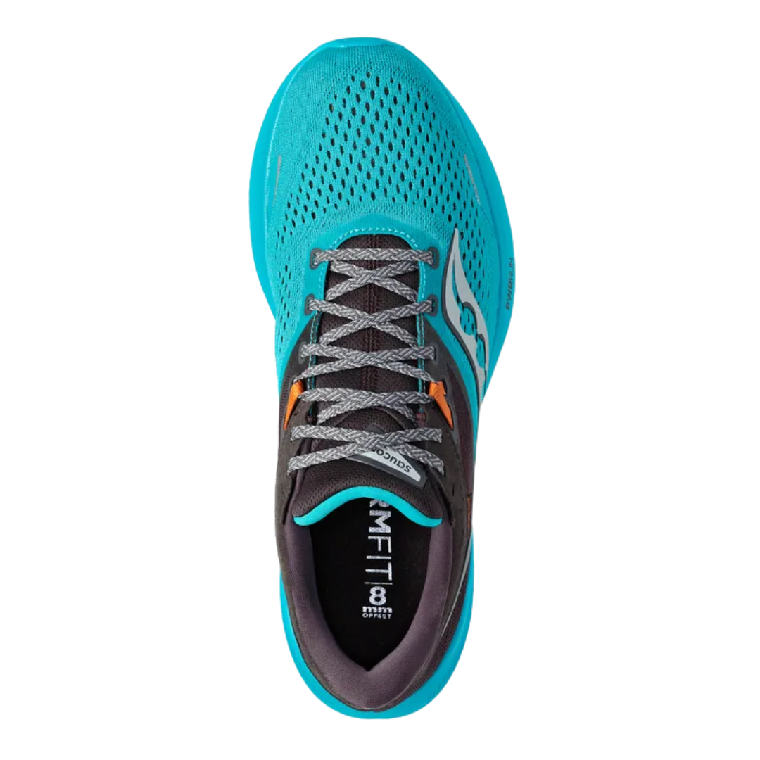 Top view of Men’s Saucony Ride 16 in Agave/Basalt – featuring a padded tongue and collar, lace-up closure, and an airy mesh upper in muted green tones with clean basalt detailing along the heel and logo.