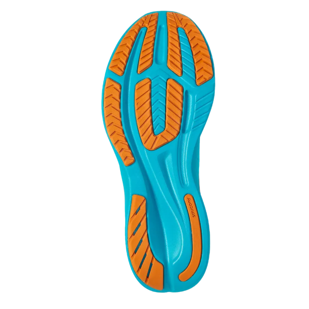 Bottom view of Men’s Saucony Ride 16 in Agave/Basalt – featuring a padded tongue and collar, lace-up closure, and an airy mesh upper in muted green tones with clean basalt detailing along the heel and logo.