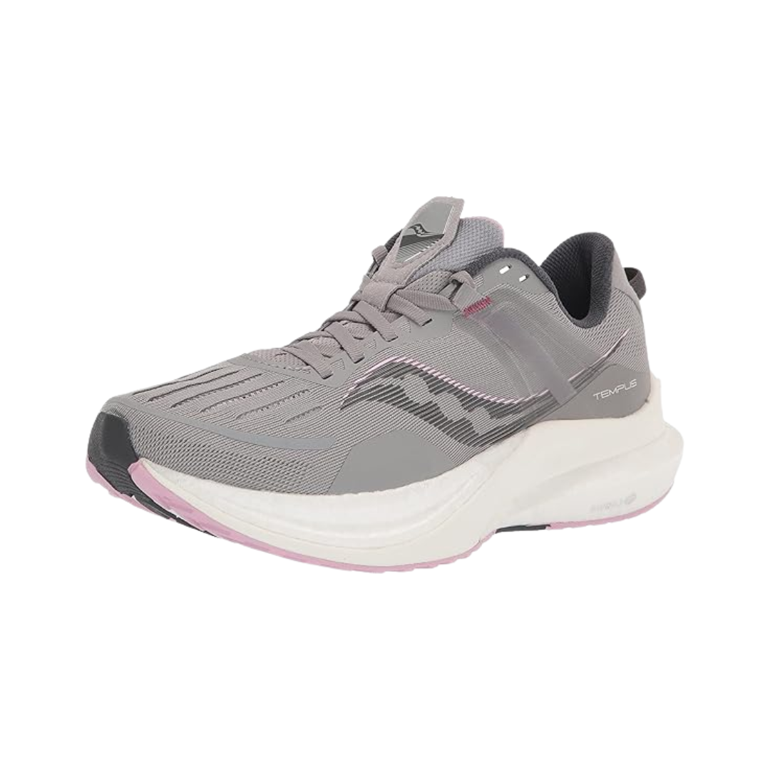 Angled view of Women’s Saucony Tempus in Alloy/Quartz – featuring a lightweight mesh upper in neutral grey tones, high-energy PWRRUN PB cushioning, supportive quartz-colored frame, and a modern silhouette built for long-distance stability and comfort.