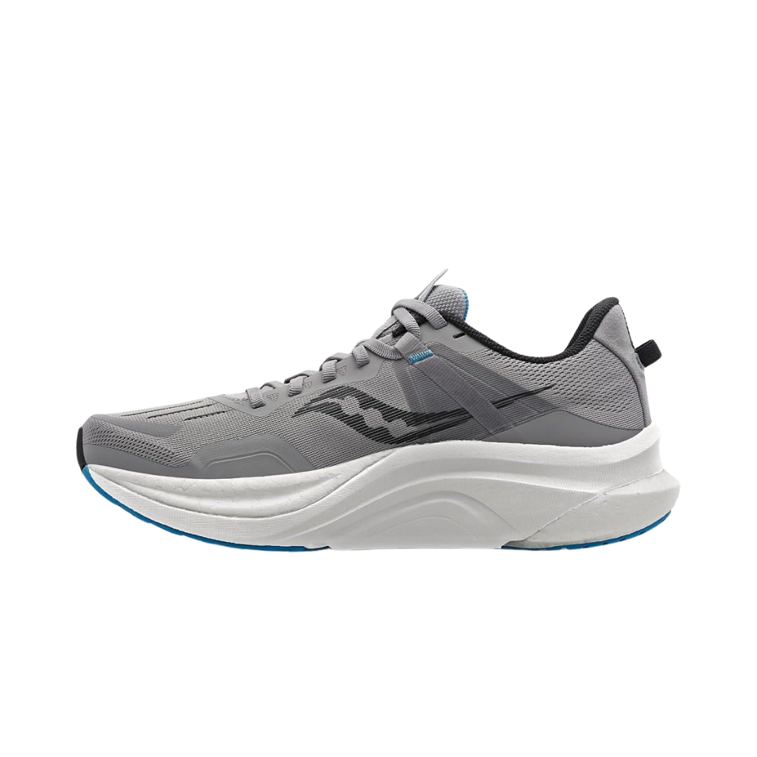 Side view of Men’s Saucony Tempus in Alloy/Topaz – featuring an engineered mesh upper in alloy, responsive PWRRUN PB cushioning for high-energy return, contoured topaz-colored guidance frame for stability, and a sleek, race-ready profile.