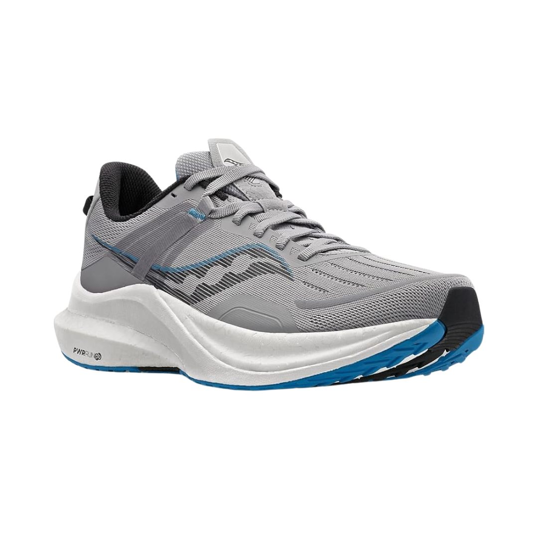 Angled view of Men’s Saucony Tempus in Alloy/Topaz – featuring a modern design with breathable mesh, responsive and stable cushioning platform, and soft alloy and topaz tones built for comfort, control, and long-distance performance.