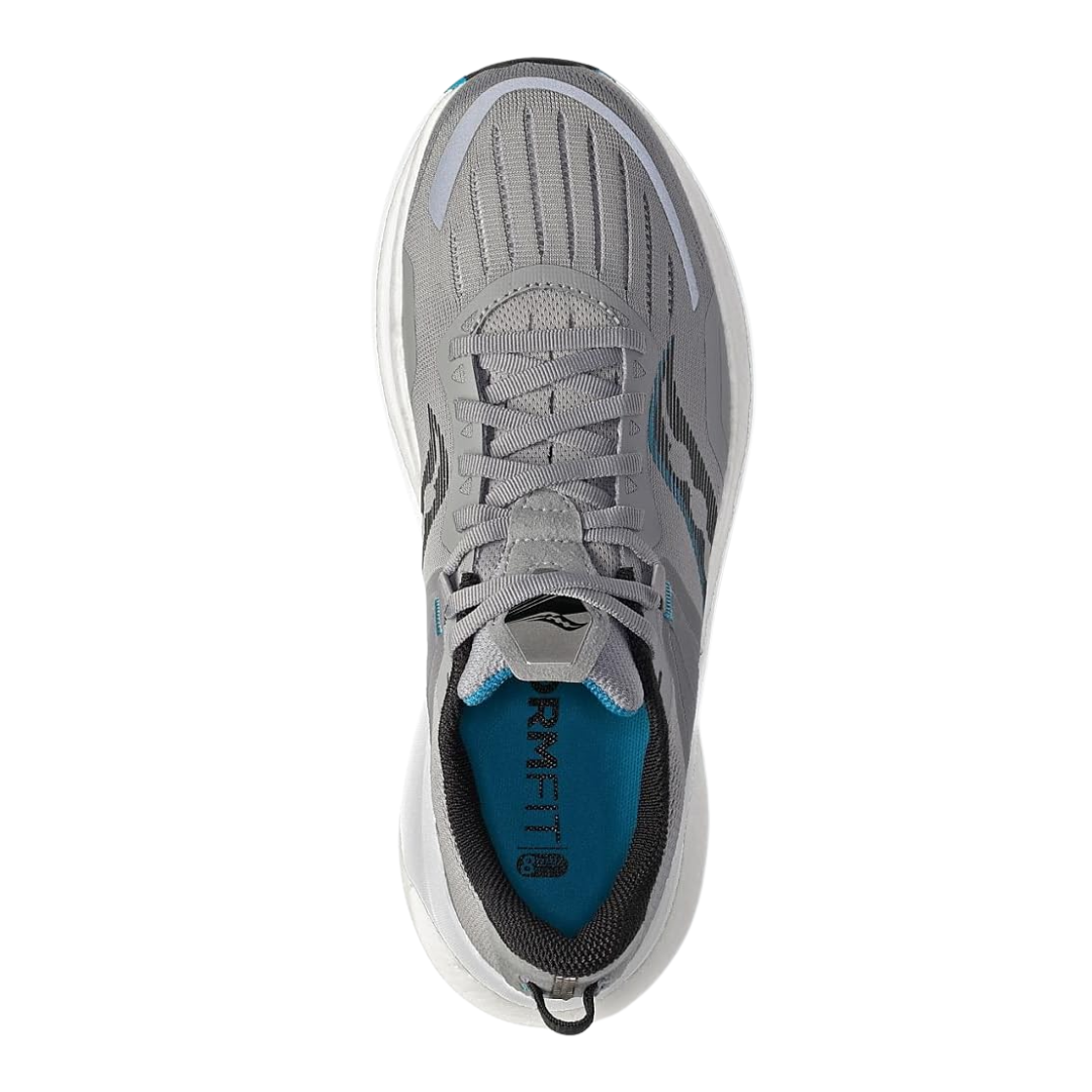 Top view of Men’s Saucony Tempus in Alloy/Topaz – featuring a breathable and flexible mesh upper, padded tongue and collar, traditional lacing system, and soft topaz detailing at the heel and midsole.