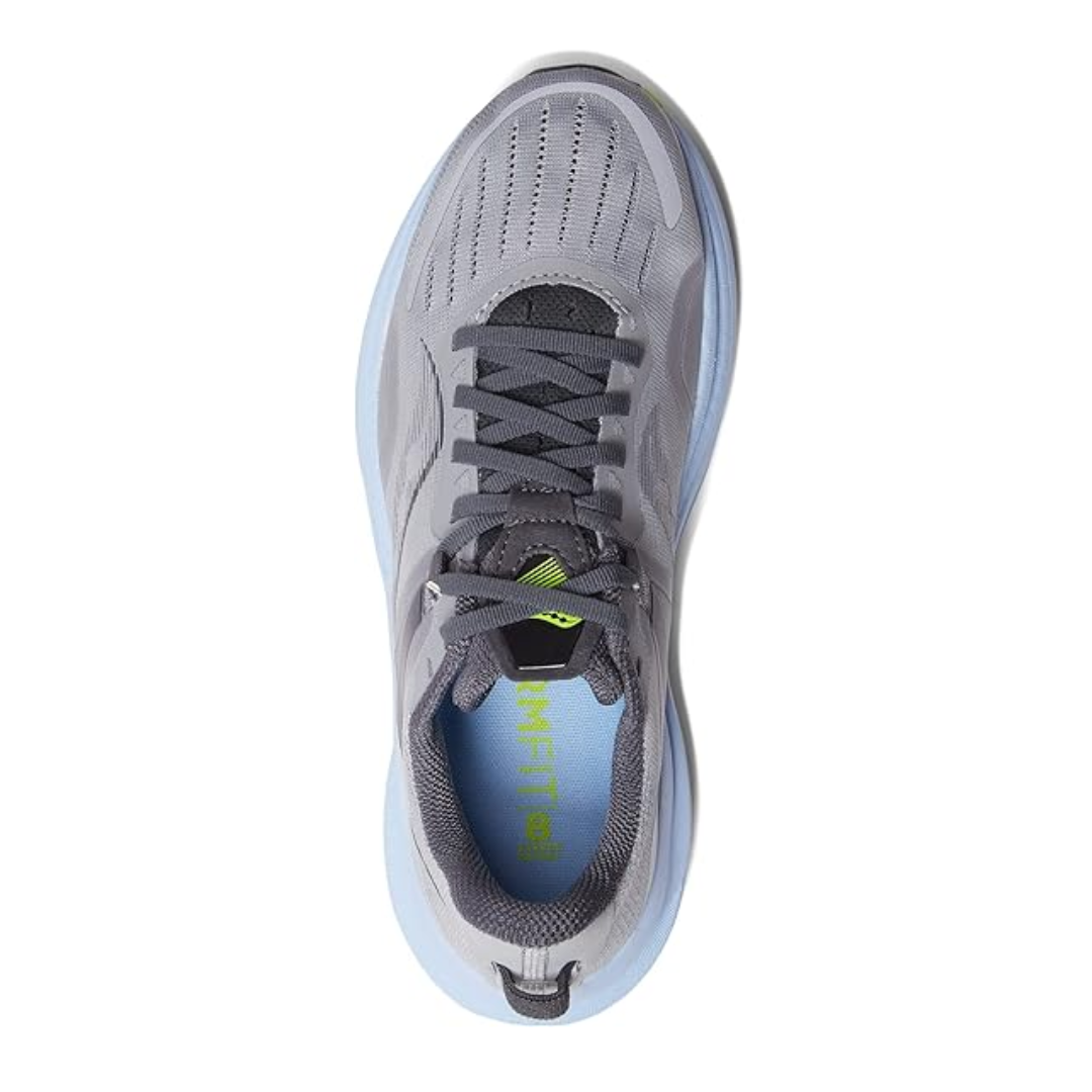 Top view of Women’s Saucony Tempus in Fossil/Ether – featuring a lightweight mesh upper with strategic ventilation zones, classic lace-up closure, padded tongue and collar, and subtle branding details in contrasting ether blue.