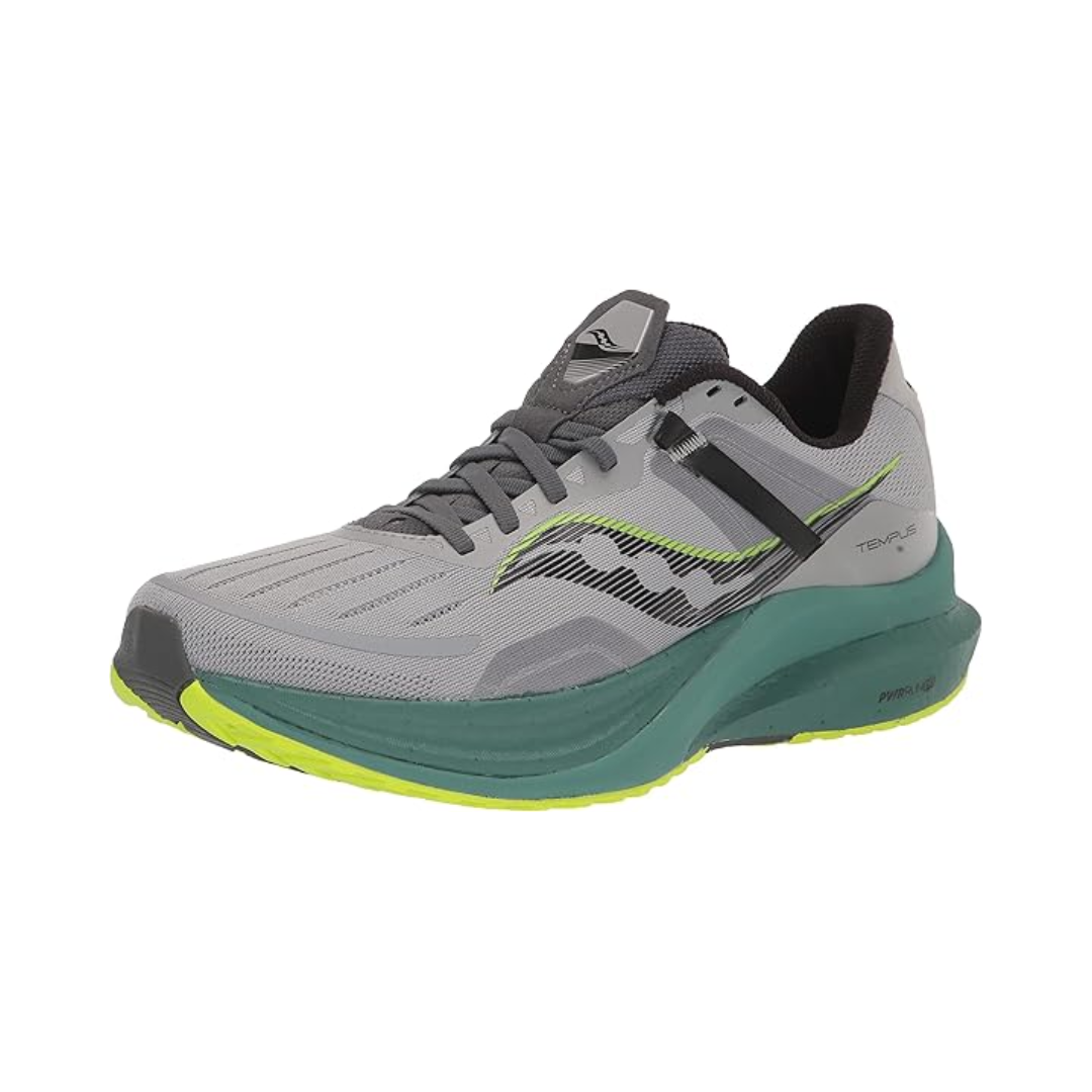 Angled view of Men’s Saucony Tempus in Fossil/Moss – featuring a modern performance design, lightweight breathable upper, energetic cushioning, and a supportive platform ideal for runners needing stability with speed.