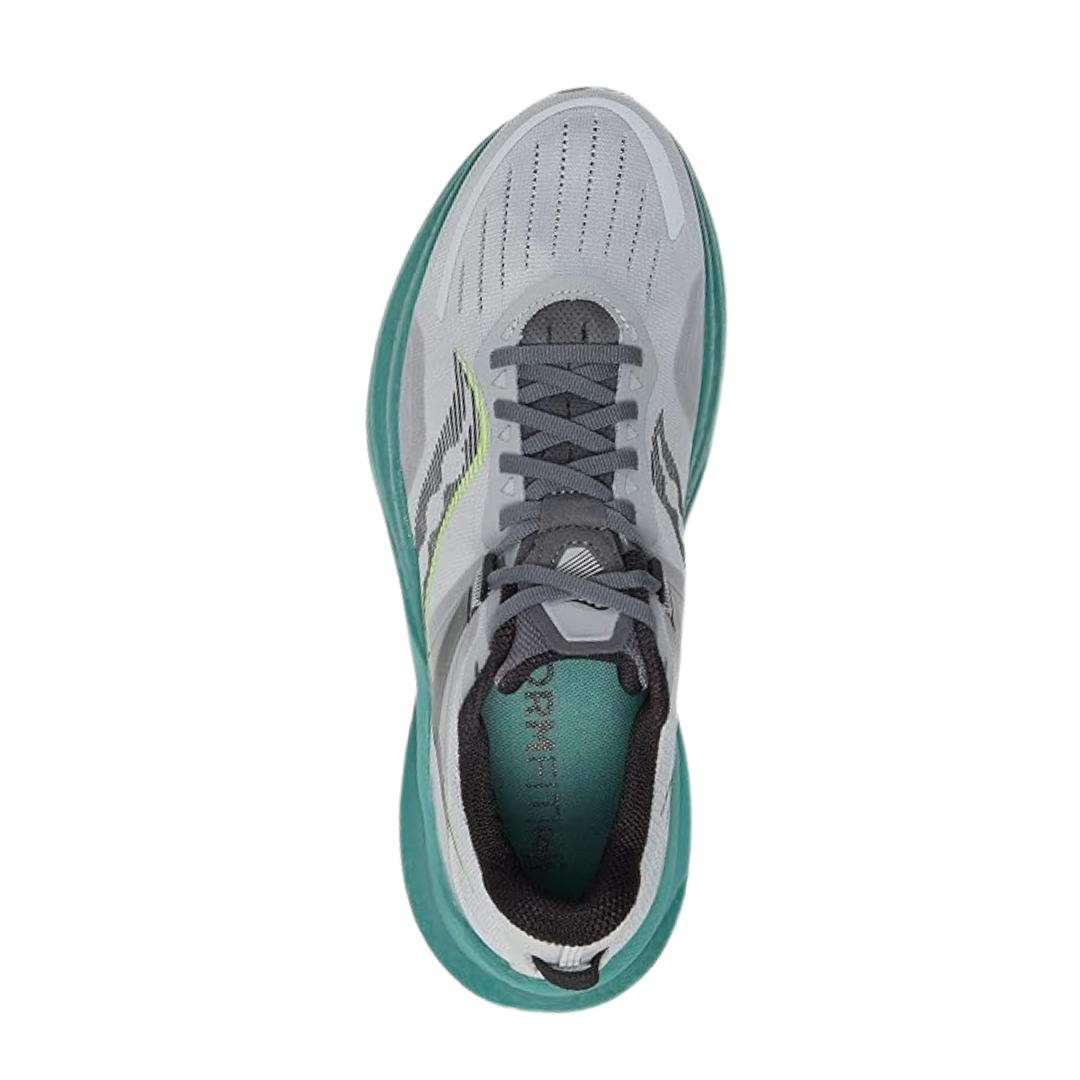 Top view of Men’s Saucony Tempus in Fossil/Moss – featuring a padded collar and tongue, traditional lace-up design, contoured fit with breathable mesh zones, and subtle color contrast between the fossil upper and moss midsole trim.