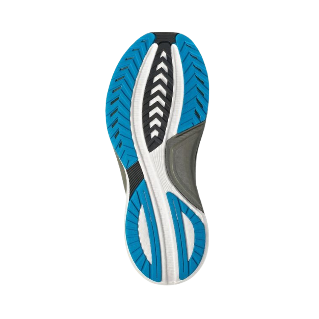 Bottom View of Men’s Saucony Tempus Running Shoe in Alloy/Topaz – Features include durable rubber outsole with traction zones, deep flex grooves for smooth transitions, and reinforced high-impact areas for durability.