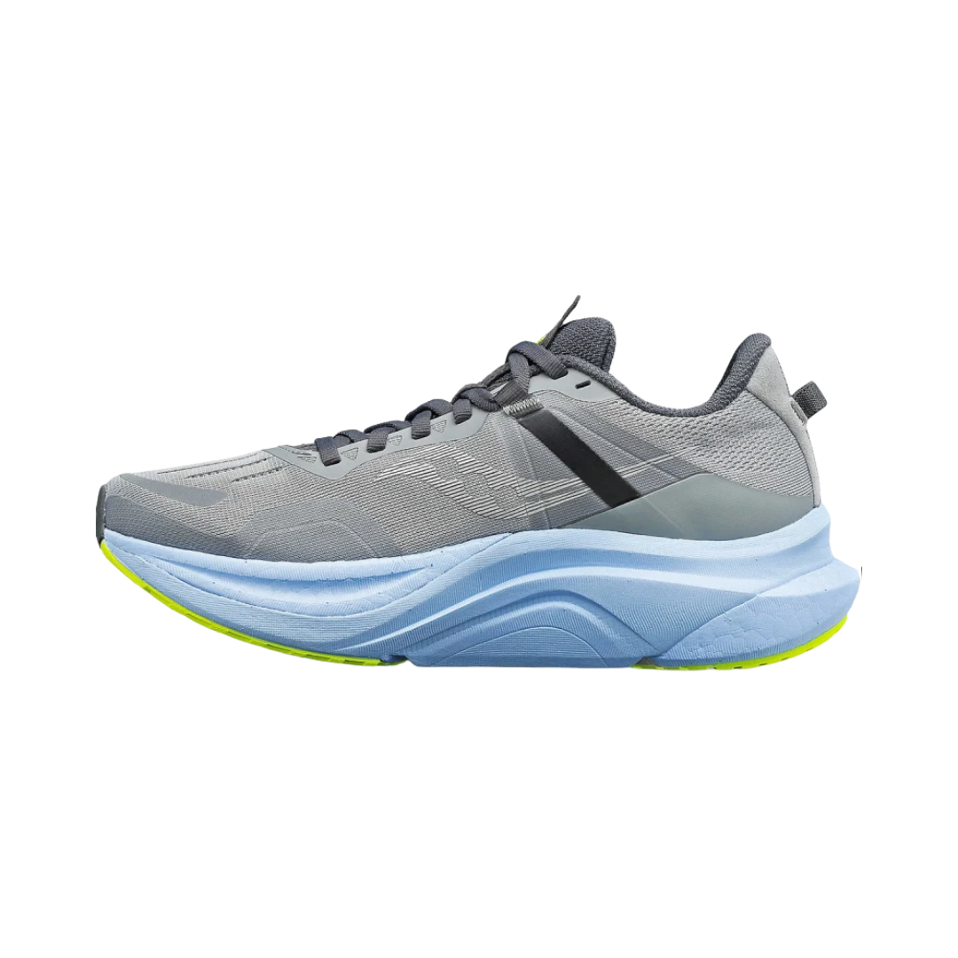 Side View of Women’s Saucony Tempus Running Shoe in Fossil/Ether – Features include PWRRUN PB cushioning for lightweight responsiveness, guidance frame for stability, and breathable mesh upper for enhanced airflow.