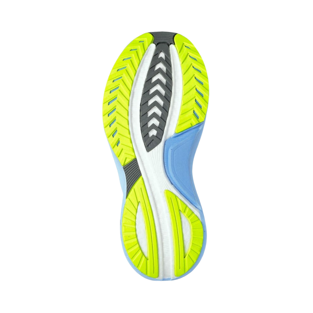 Bottom View of Women’s Saucony Tempus Running Shoe in Fossil/Ether – Features include durable rubber outsole with zonal traction, deep flex grooves for natural movement, and reinforced heel for stability.