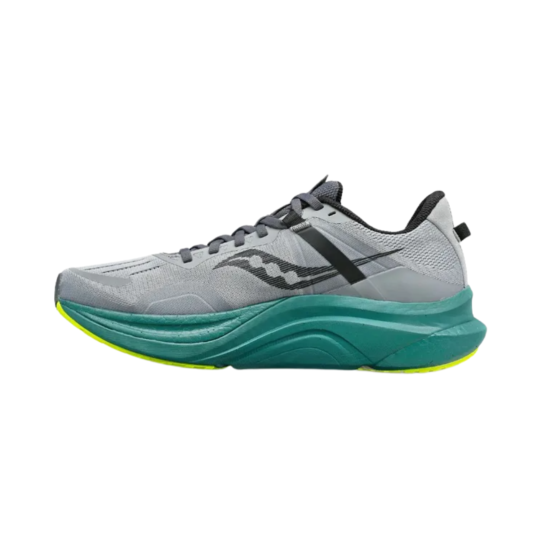 Side View of Men’s Saucony Tempus Running Shoe in Fossil/Moss – Features include PWRRUN PB cushioning for lightweight responsiveness, guidance frame for adaptive stability, and engineered mesh upper for breathable support.