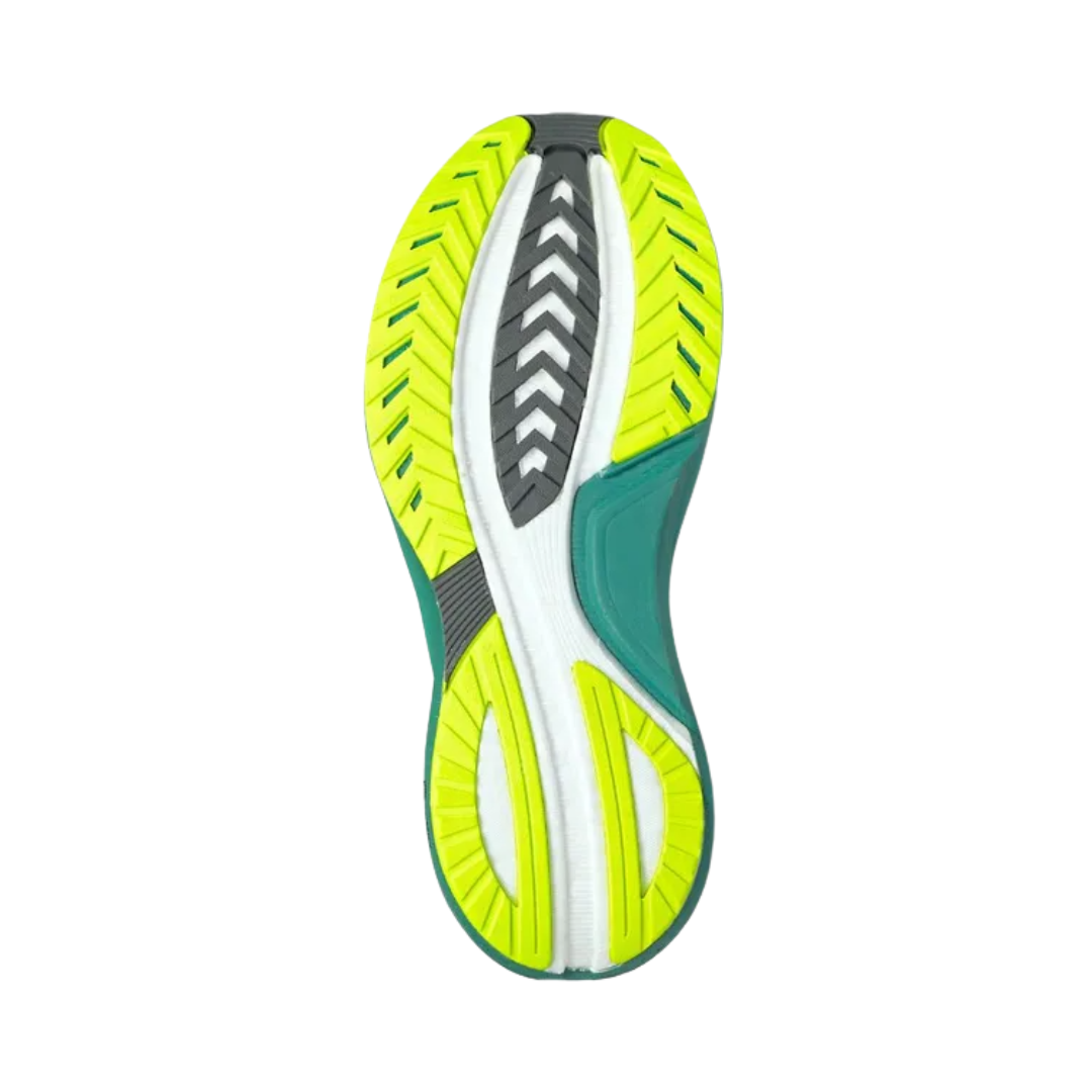 Bottom View of Men’s Saucony Tempus Running Shoe in Fossil/Moss – Features include durable rubber outsole with zonal traction, deep flex grooves for smooth transitions, and reinforced heel area for added stability.