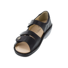Angled View of Women’s Finn Comfort Sintra-S sandal in Black Nappaseda leather – featuring three adjustable hook-and-loop straps, a full heel cover for added stability, and a soft removable cork footbed for superior arch support and all-day comfort.