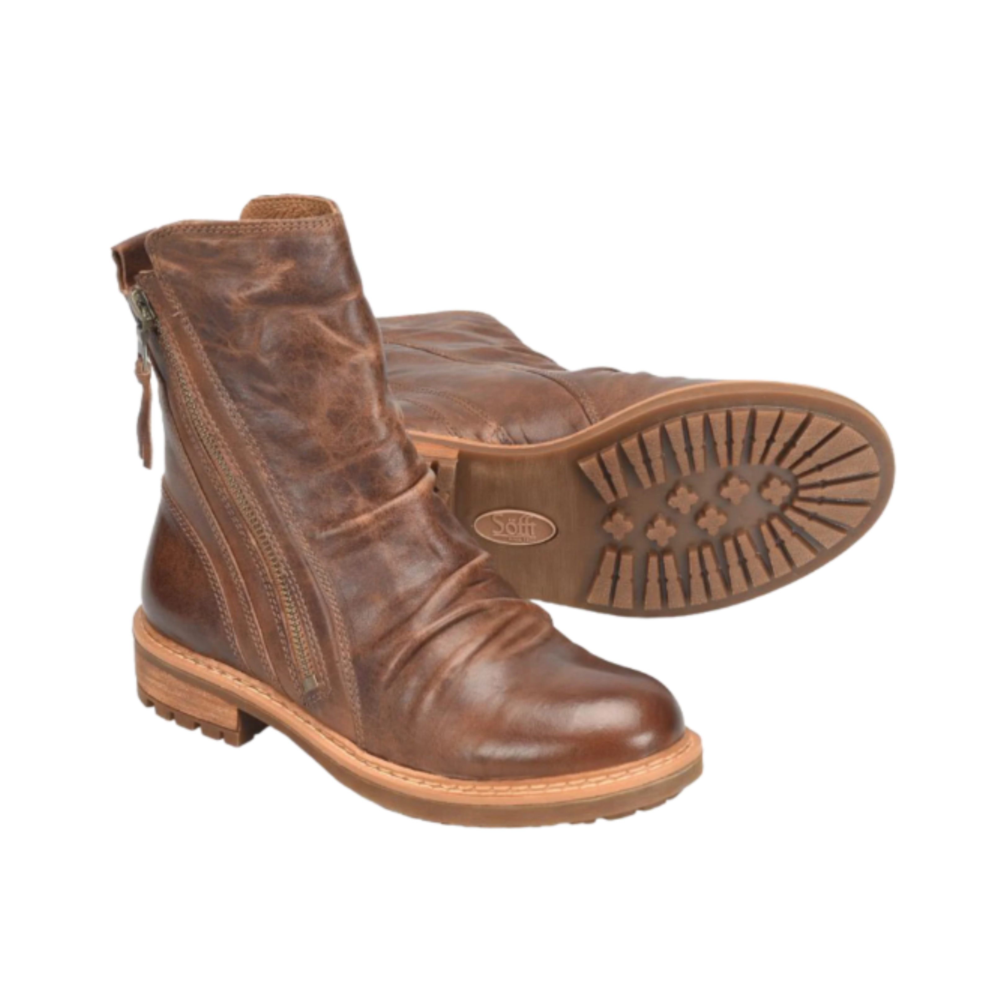 Angled View of Women’s Sofft Lavina boot in warm brown – featuring a rich leather upper with decorative stitching, side zipper for easy on and off, and a stacked heel with flexible rubber outsole for stylish everyday wear.