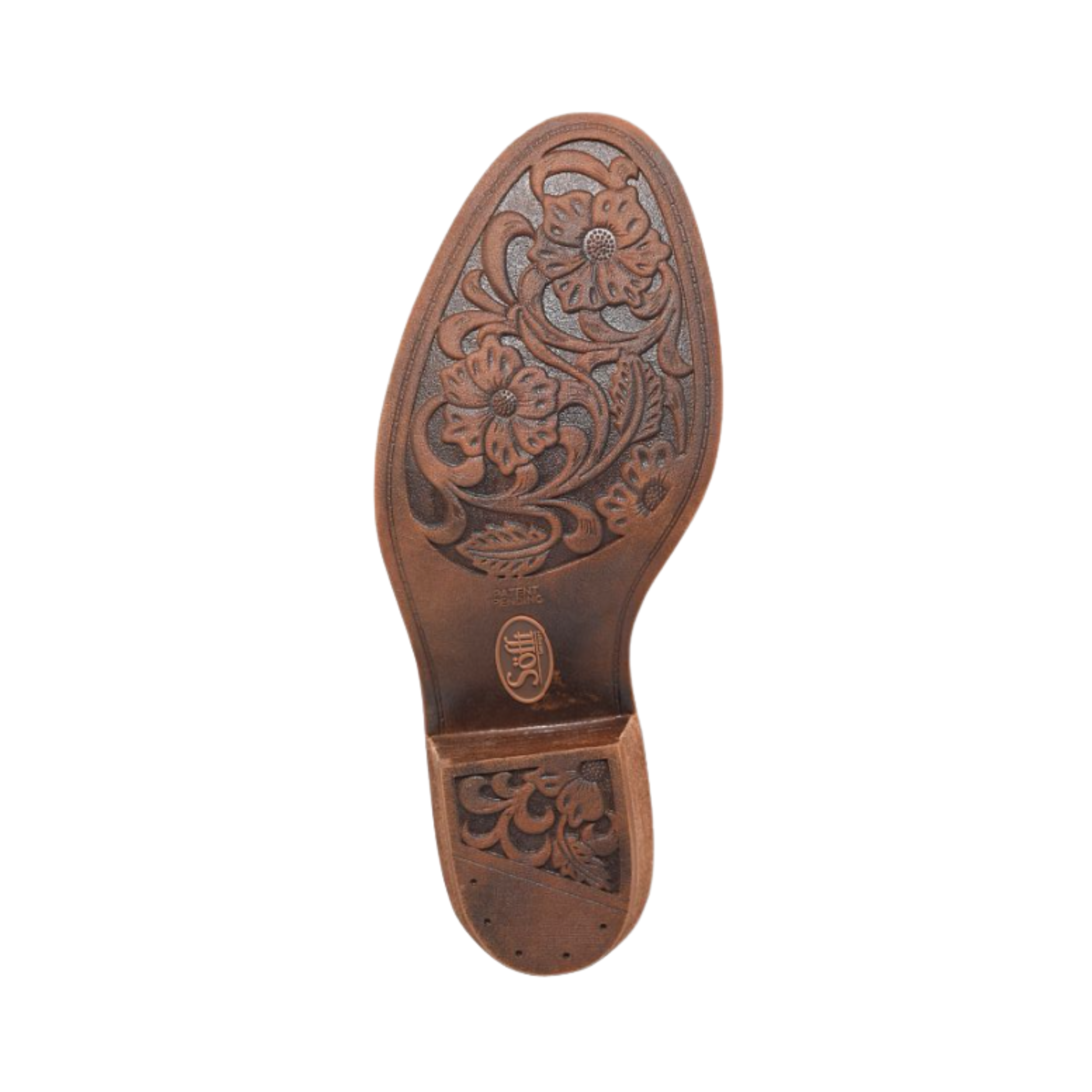 Bottom View of Women’s Sofft Aisley boot in siena brown – featuring a textured rubber outsole for slip-resistant traction, low stacked heel for added support, and durable construction for everyday stability.