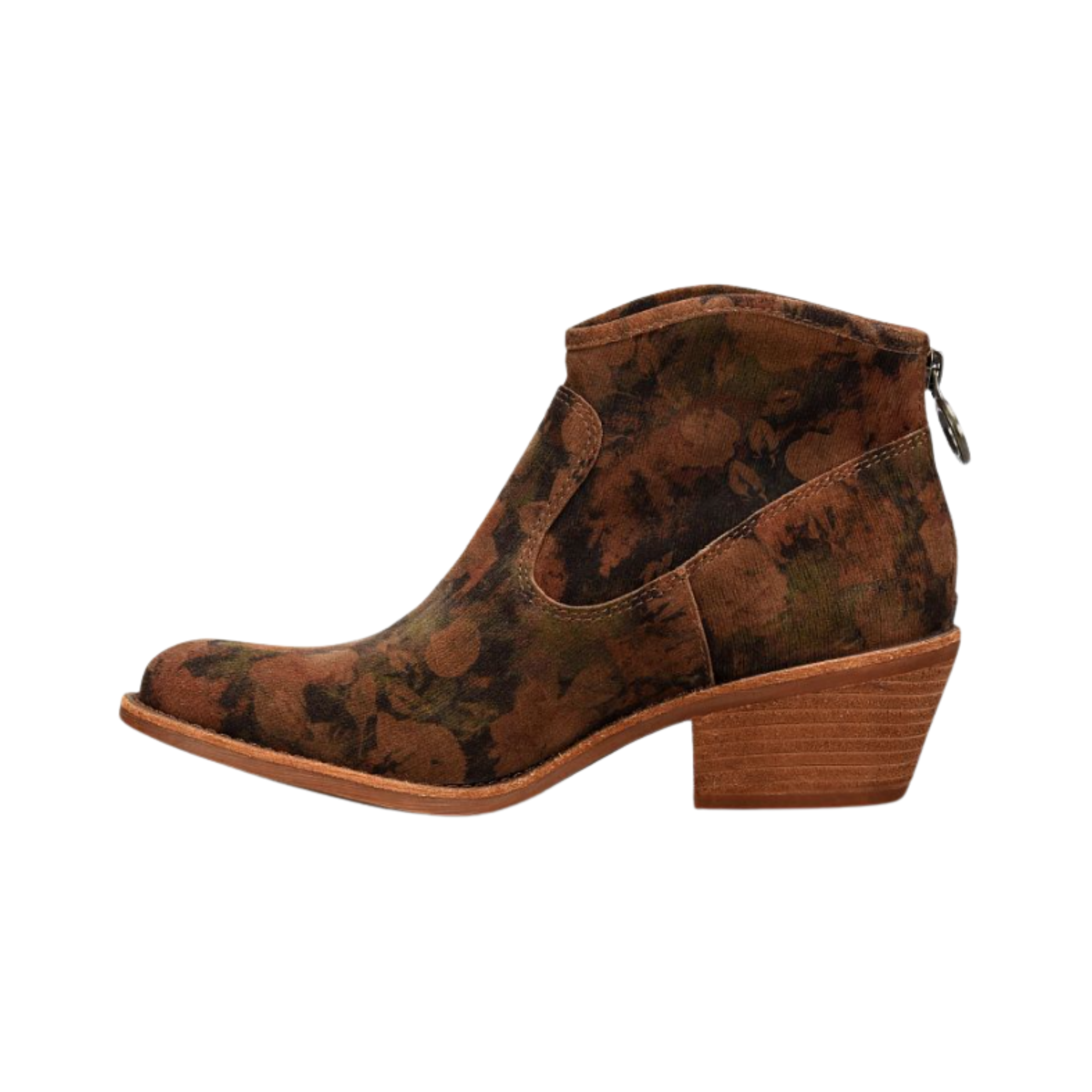 Side View of Women’s Sofft Aisley boot in siena brown – featuring a smooth leather upper with decorative stitching, inside zipper for easy on and off, and flexible rubber outsole with low stacked heel for stable, all-day wear.